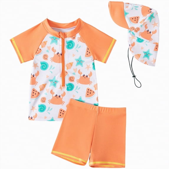 KPOPLK Toddler Baby Boy Rash Guard Swimsuit Shark Zip Up Long Sleeve Swimwear Tops Swim Shorts with Hat 3pcs Bathing Suit(Orange,6-12 Months)
