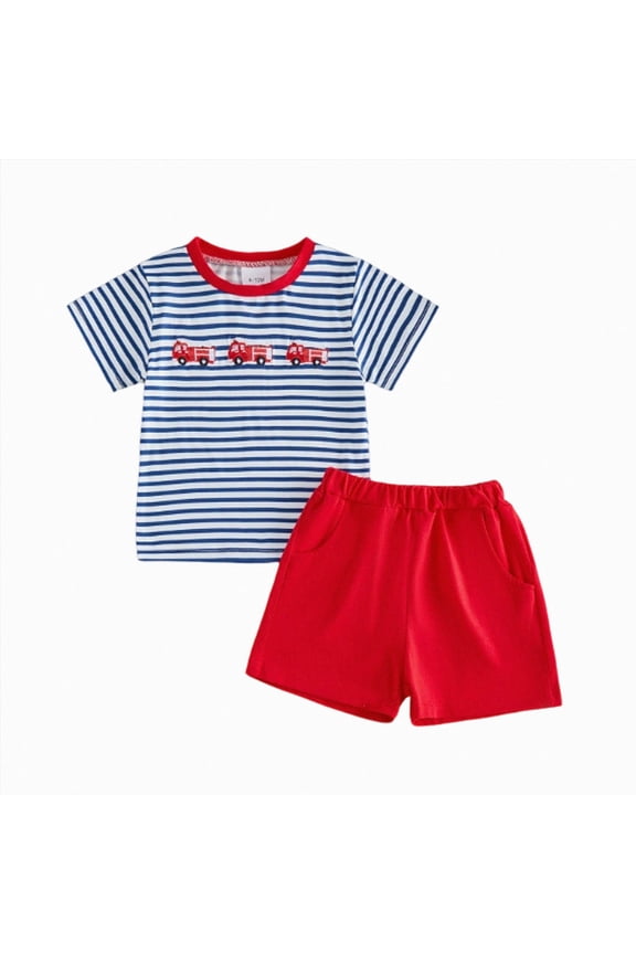 KPOPLK Toddler Baby Boy Summer Clothes Little Boy Fire Truck Embroidered Striped Short Sleeve T Shirt Tops Infant Rolled Stretch Shorts Set(12-18 Months,Red)
