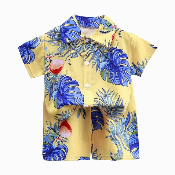 KPOPLK Toddler Baby Boy Summer Outfit Clothes Short Sleeve Cute Print Button Up Shirt Top Shorts 2Pcs Set(2-3 Years,Yellow)