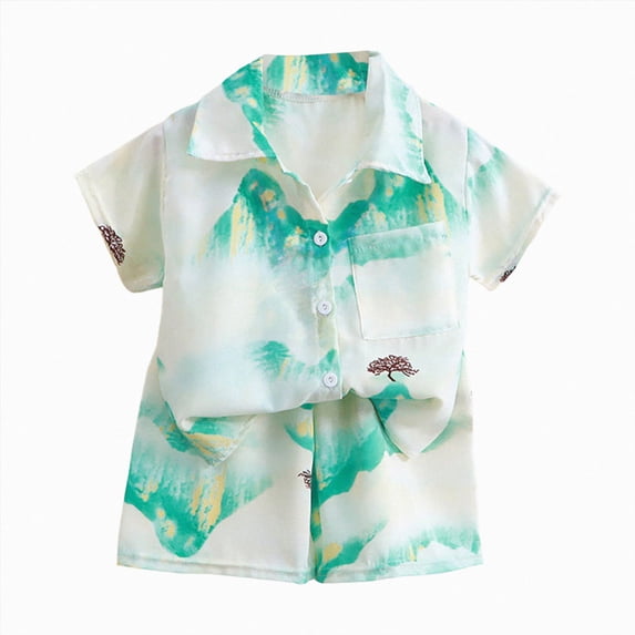 KPOPLK Toddler Baby Boy Summer Outfit Clothes Short Sleeve Cute Print Button Up Shirt Top Shorts 2Pcs Set(7-8 Years,Mint Green)