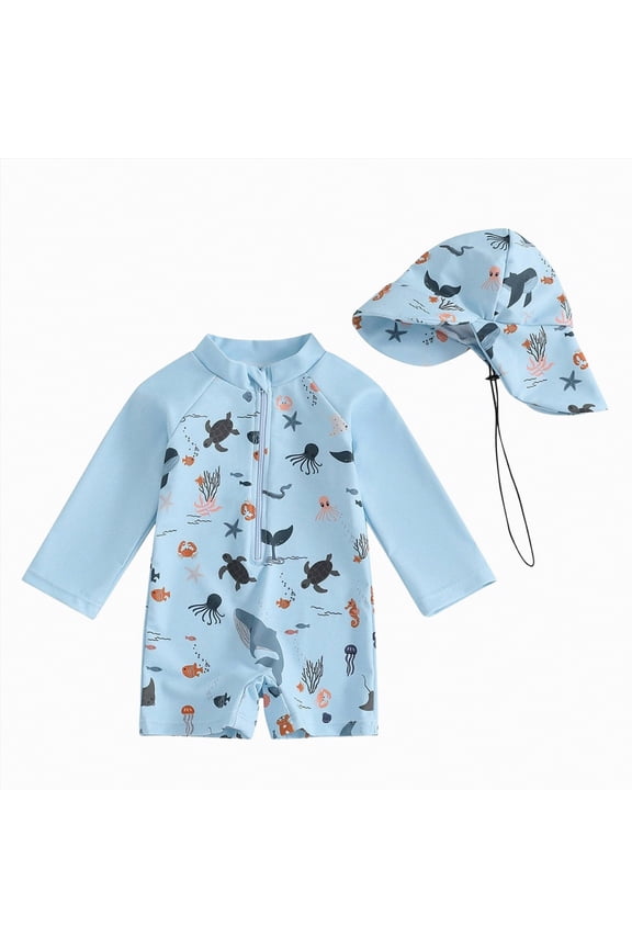 Toddler Baby Boy Swimsuit Shark/Turtle Long Sleeve One Piece Rash Guard Zip-up Bathing Suit Sunsuit Beachwear(Blue,0-3 Months)