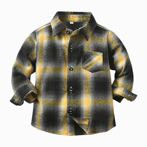 KPOPLK Toddler Baby Boys Outfits 6 9 12 18 Months-7 Years Kids Plaid Flannel Long Sleeve Shirts Button Down T-Shirt Tops Size 18-24 Months,Light Yellow