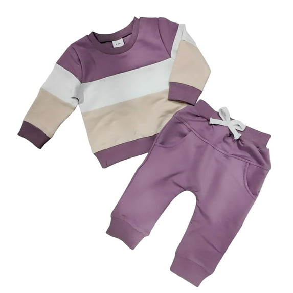 KPOPLK Toddler Baby Fall Winter Clothes Color Block Long Sleeve Sweatshirt Pullover Tops + Joggers Pants Outfit Set baby boy clothes 6 9 months(Purple,2-3 Years)