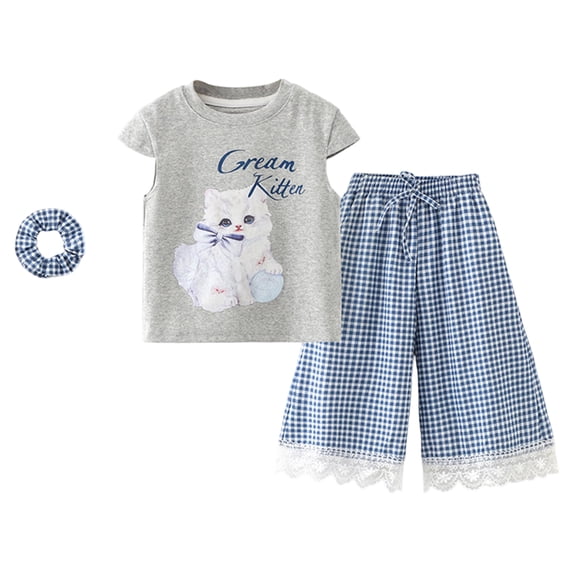 KPOPLK Toddler Baby Girl 2Pcs Clothes Short Sleeve Pattern Print Top Pants Set Summer Casual Outfits Size 5-6 Years,Grey