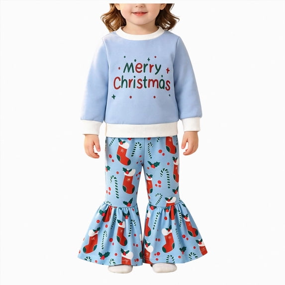 KPOPLK Toddler Baby Girl Clothes 3 6 9 12 18 24 Months 2t 3t Christmas Print Sweatshirt + Flare Pants Outfit Set,Size 6-12 Months