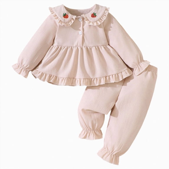 KPOPLK Toddler Baby Girl Clothes 9 12 18 Months 2T 3T Fall Bow Print Ruffle Long Sleeve Dress Shirt and Jogger Pant Outfit Set,Size 6-9 Months