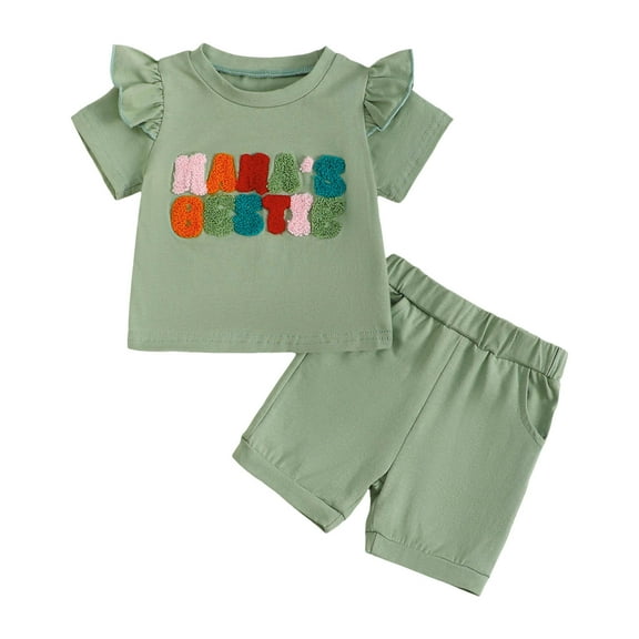 KPOPLK Toddler Baby Girl Clothes Letter Embroidered Short Sleeve T Shirt Shorts Sets Summer Outfits(Green#1,12-18 Months)