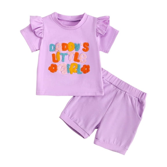 KPOPLK Toddler Baby Girl Clothes Letter Embroidered Short Sleeve T Shirt Shorts Sets Summer Outfits(Light Purple#2,2-3 Years)