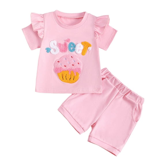 KPOPLK Toddler Baby Girl Clothes Letter Embroidered Short Sleeve T Shirt Shorts Sets Summer Outfits(Pink#4,6-12 Months)