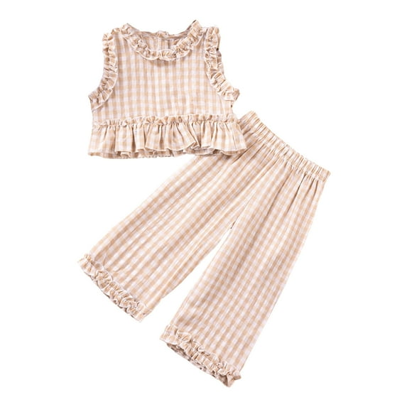 KPOPLK Toddler Baby Girl Clothes Sleeveless Plaid Ruffle Tanks Tops and Long Pants Summer Cute Outfit(Beige&1,1-2 Years)