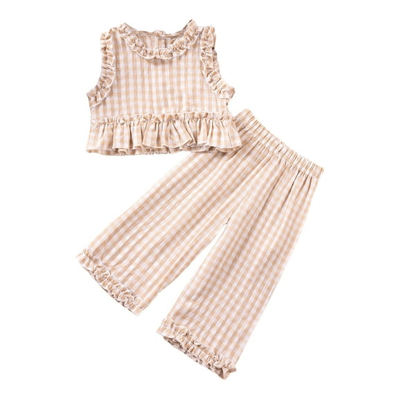 KPOPLK Toddler Baby Girl Clothes Sleeveless Plaid Ruffle Tanks Tops and Long Pants Summer Cute Outfit(Beige&1,5-6 Years)