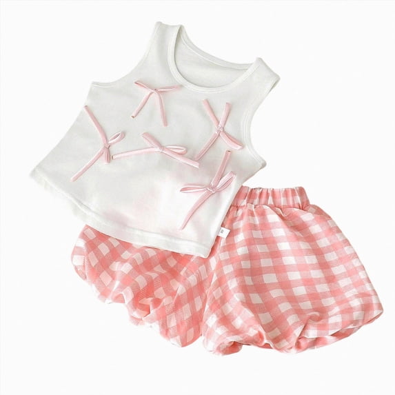KPOPLK Toddler Baby Girl Clothes Summer Outfits Infant Sleeveless Ruffled Vest Top Shirts Cute Bow Short Sets 2Pcs for 9M-6Y(5-6 Years,Pink)