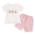 thumbnail image 1 of KPOPLK Toddler Baby Girl Clothes Summer Short Sleeves Crewneck Embroidery T Shirt + Elastic Plaid Shorts 2Pcs Outfits Set(Pink#2,2-3 Years), 1 of 9