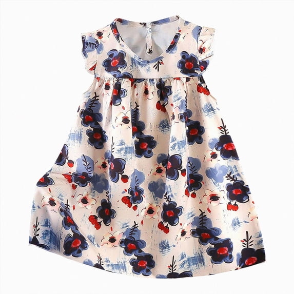KPOPLK Toddler Baby Girl Dresses Ruffle Sleeveless Little Kid Floral Summer Beach Sundress Party Outfits(18-24 Months,Dark Blue)