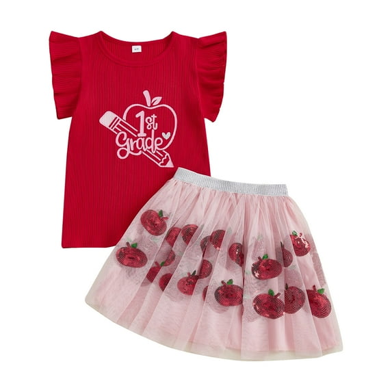 KPOPLK Toddler Baby Girl First Day Of School Outfits Ruffle Kindergarten Ribbed Knit Shirt + Tutu Skirt Set(#2,4-5 Years)