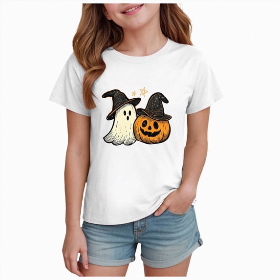 KPOPLK Toddler Baby Girl Halloween Shirt Ghost Tshirt Spooky Season Short Sleeve Tee Top Kid Fall Clothing,Size 1-2 Years