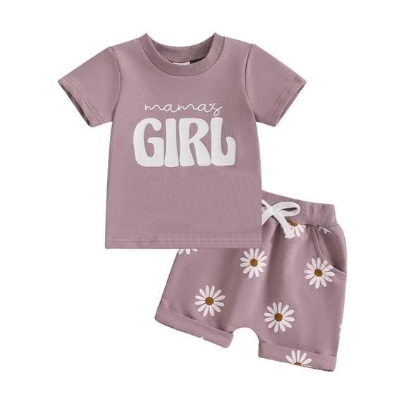 KPOPLK Toddler Baby Girl Outfit – Short Sleeve Mama’s Girl Print T Shirt & Shorts Set – 2 Piece Summer Clothes(S#-Light Purple,6-12 Months)