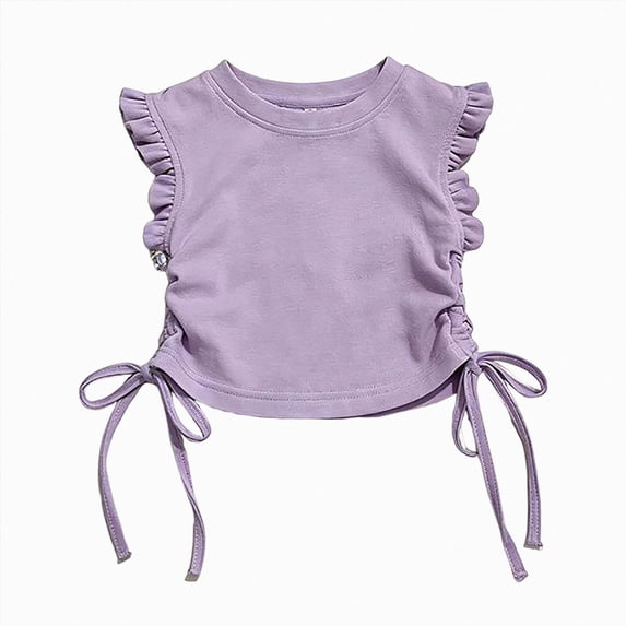 KPOPLK Toddler Baby Girl Ruffle Short Sleeve Shirts Little Kids Summer Crew Neck Crossback Blouse 9M-10Y Size 7-8 Years,Purple