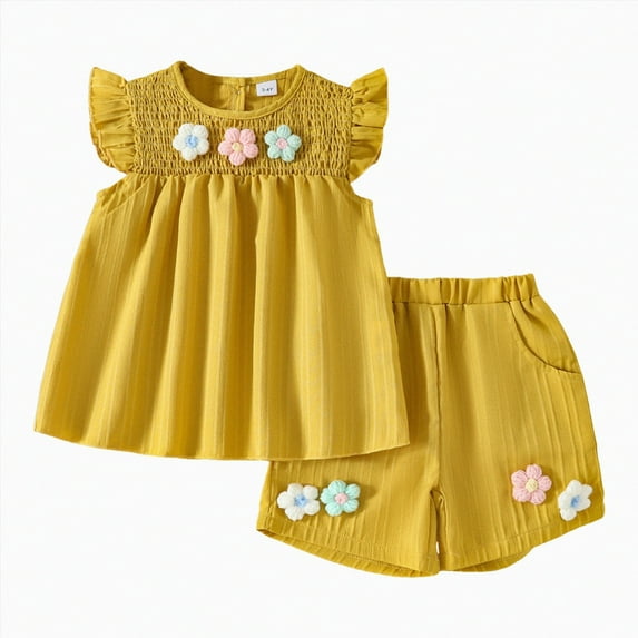 KPOPLK Toddler Baby Girl Summer Clothes 3D Flower Ruffle Sleeveless Smocked Tunic Top Shorts Set Cotton Linen Outfit 2Pcs baby clothes(2-3 Years,Yellow)