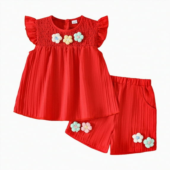KPOPLK Toddler Baby Girl Summer Clothes 3D Flower Ruffle Sleeveless Smocked Tunic Top Shorts Set Cotton Linen Outfit 2Pcs baby girl sunsuit(3-4 Years, Red)