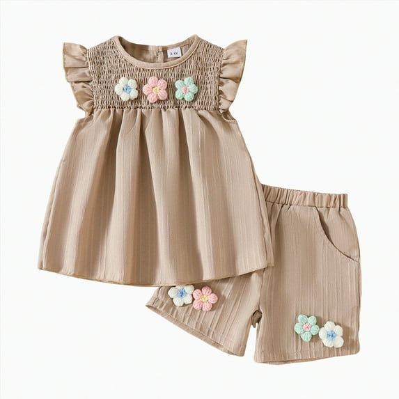 KPOPLK Toddler Baby Girl Summer Clothes 3D Flower Ruffle Sleeveless Smocked Tunic Top Shorts Set Cotton Linen Outfit 2Pcs cowgirl outfit for toddler(3-4 Years,Coffee)