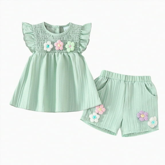 KPOPLK Toddler Baby Girl Summer Clothes 3D Flower Ruffle Sleeveless Smocked Tunic Top Shorts Set Cotton Linen Outfit 2Pcs little girl clothes 4t 5t(18-24 Months,Green)