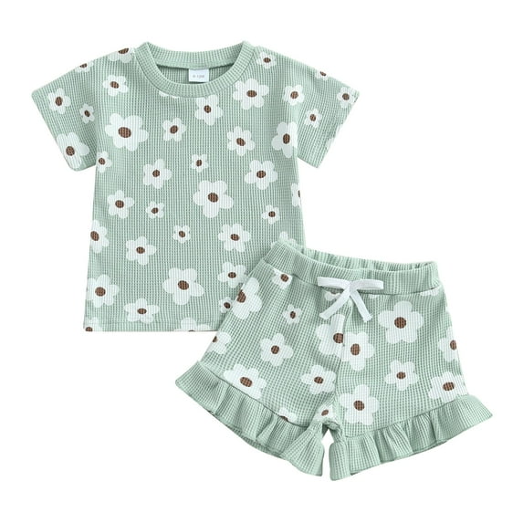 KPOPLK Toddler Baby Girls Summer Outfits Cute Ruffle Ribbed Short Sleeve T Shirts Tops Floral Shorts 2Pcs Sets(Green#2,6-12 Months)