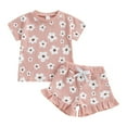 thumbnail image 1 of KPOPLK Toddler Baby Girls Summer Outfits Cute Ruffle Ribbed Short Sleeve T Shirts Tops Floral Shorts 2Pcs Sets(Pink_3,2-3 Years), 1 of 7