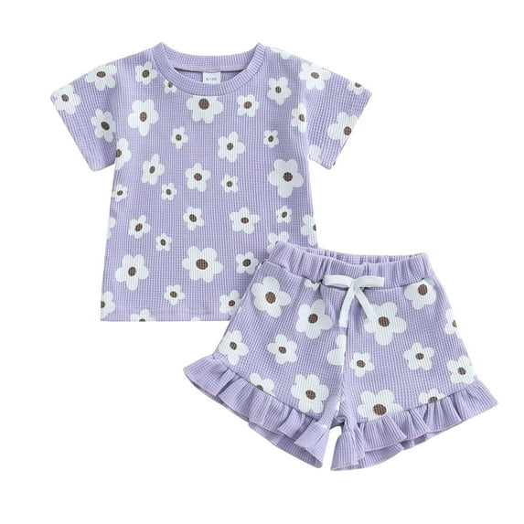KPOPLK Toddler Baby Girls Summer Outfits Cute Ruffle Ribbed Short Sleeve T Shirts Tops Floral Shorts 2Pcs Sets(Purple#4,0-6 Months)