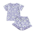thumbnail image 1 of KPOPLK Toddler Baby Girls Summer Outfits Cute Ruffle Ribbed Short Sleeve T Shirts Tops Floral Shorts 2Pcs Sets(S#-Purple,12-18 Months), 1 of 7