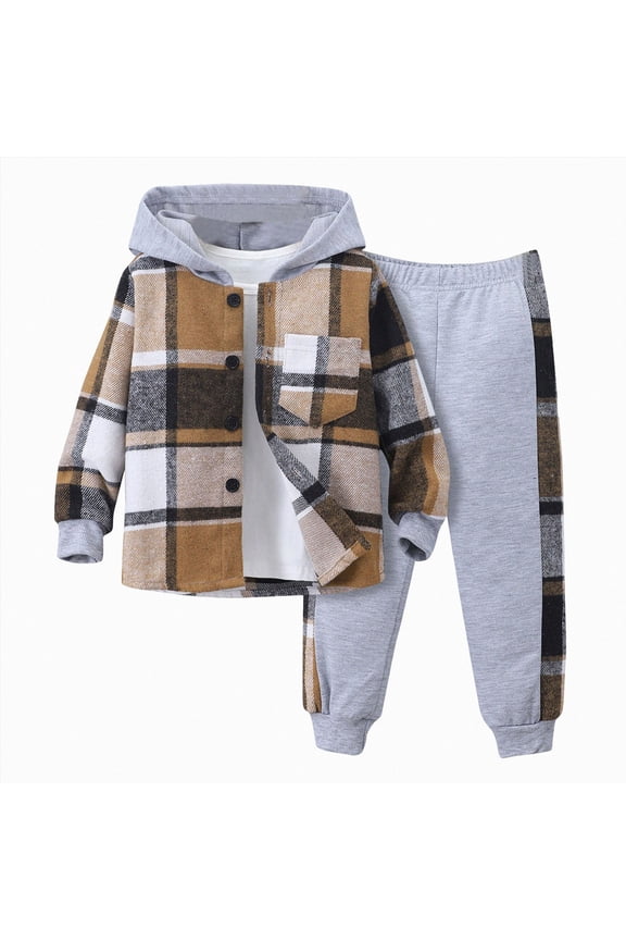 Toddler Boy Clothes Kids Plaid Long Sleeve Button Down Hoodie Sweatshirt + Pants 2Pcs Boys Outfit Set Size 6 Years,Grey