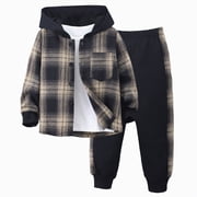 KPOPLK Toddler Boy Clothes Kids Plaid Long Sleeve Button Down Hoodie Sweatshirt + Pants 2Pcs Boys Outfit Set Size 7 Years,Brown