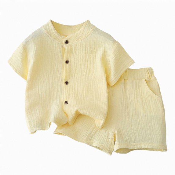 KPOPLK Toddler Boy Clothes Little Kids Summer Outfits Linen Short Sleeve Button Down Shirt Top Shorts Set 2 PCS Boy's Clothing Size 4-5 Years