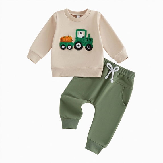 yboeqw Toddler Boy Fall Clothes Outfits Infant Baby 2 Piece Embroidered Long Sleeve T-Shirt Jogger Pant Set Beige,Size 2-3 Years