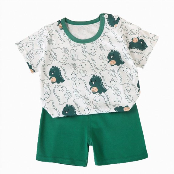 KPOPLK Toddler Boy Infant Kids 2pcs Clothes Summer Outfits Graphic Short Sleeve Cotton T-Shirt Tee Elastic Shorts Set Pockets(4-5 Years,Dark Green)