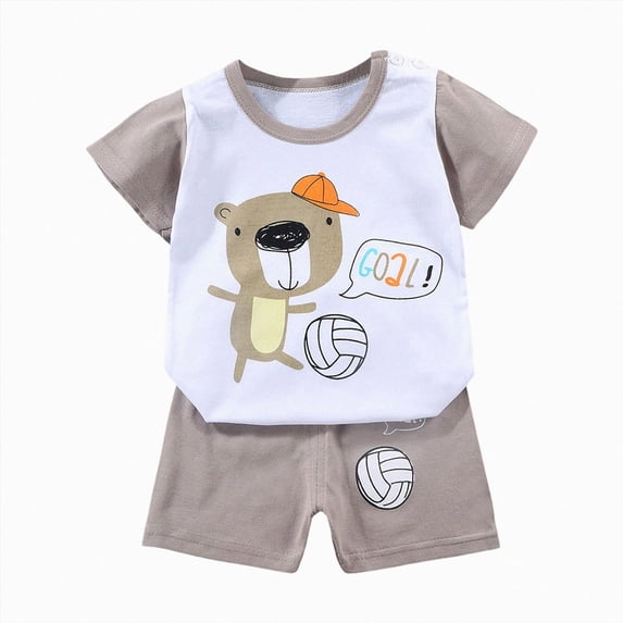 KPOPLK Toddler Boy Outfits Clothes 2pcs Summer Graphic Printed Short Sleeve Cotton Tee T-Shirt Shorts Sets(5-6 Years,Khaki)