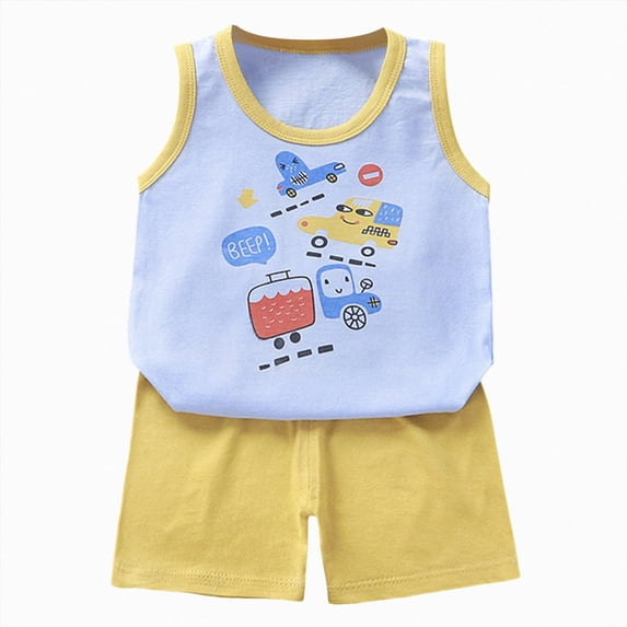 KPOPLK Toddler Boy Summer Outfits 2Pcs Sleeveless Print Tank Top Set and Elastic Waist Shorts Soft Clothes 12-48 Months(9-18 Months,Light Yellow)