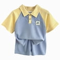 thumbnail image 1 of KPOPLK Toddler Boys 2 Piece Outfits Button Down Polo Shirt and Shorts Set, Short Sleeve Casual Summer Clothes(5-6 Years,Blue), 1 of 6