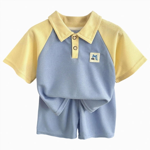 KPOPLK Toddler Boys 2 Piece Outfits Button Down Polo Shirt and Shorts Set, Short Sleeve Casual Summer Clothes(5-6 Years,Blue)