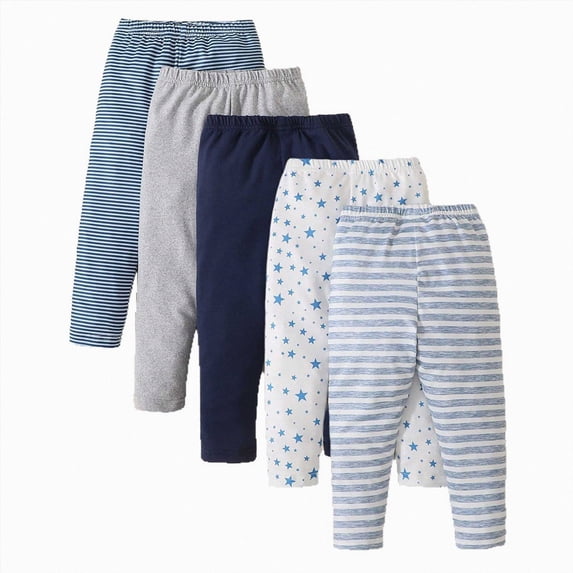 KPOPLK Toddler Boys 5 Pack Leggings Elastic Waist Stripe Star Print Cotton Base Layer Pants for Infant 9 12 18Months 2T 3T,Size 12-18 Months