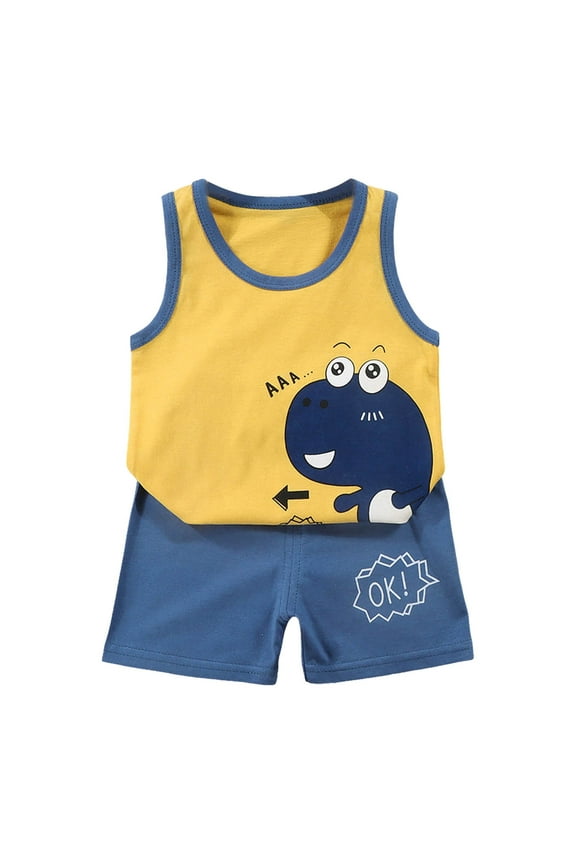 Toddler Boys Baby Children's Cartoon Printed Vest Set Boys' Shorts Summer Cotton Girls' Summer Clothes Two Piece Set 18 24 month boy clothes summer(3-6 Months,Navy)