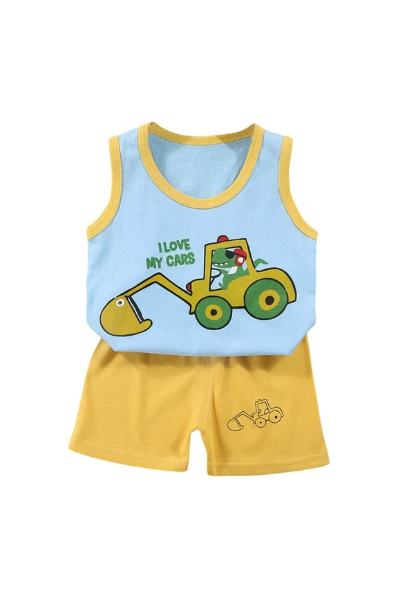 Toddler Boys Baby Children's Cartoon Printed Vest Set Boys' Shorts Summer Cotton Girls' Summer Clothes Two Piece Set 24 months boy short sets(12-18 Months,Light Blue)
