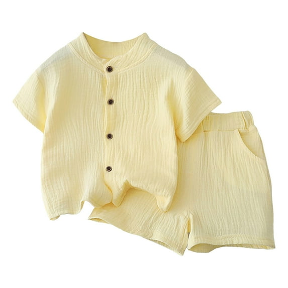 KPOPLK Toddler Boys Baby Girls Summer Children's Wear Solid Color Boys and Girls Summer Short Sleeve Cotton Baby for Kids Two Piece 12 month boy clothes(12-18 Months,Light Yellow)