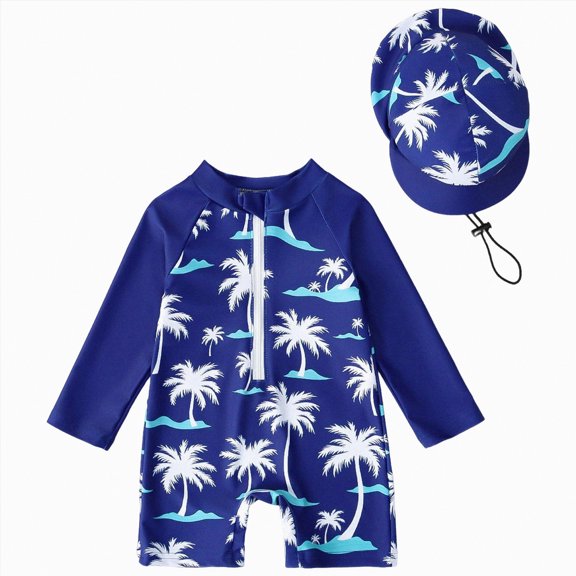 KPOPLK Toddler Boys Rash Guard Swimsuit Shark Print Zipper Long Sleeve Bathing Suit with Swim Cap(White,6-12 Months)