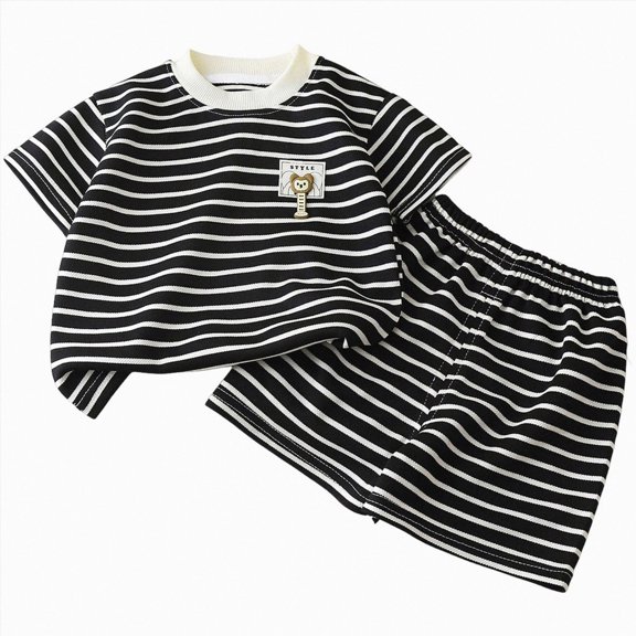 KPOPLK Toddler Boys Shorts Set Short Sleeve Color Block T-Shirt Top Cotton Shorts Summer Play Clothes(18-24 Months,Black)