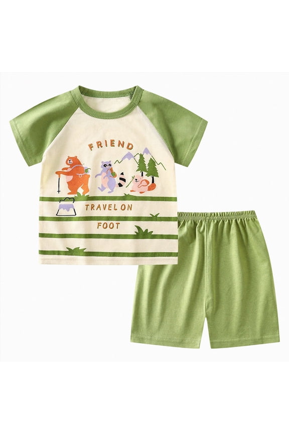 Toddler Boys Spring Summer Clothes 2 Piece Outfits Short Sleeve Crewneck T-Shirt Pattern Print with Shorts Set 2T 3T 4T 5T(12-18 Months,Green)