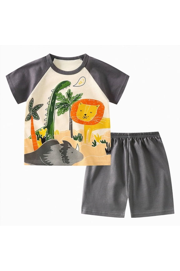 Toddler Boys Spring Summer Clothes 2 Piece Outfits Short Sleeve Crewneck T-Shirt Pattern Print with Shorts Set 2T 3T 4T 5T(12-18 Months,Grey)
