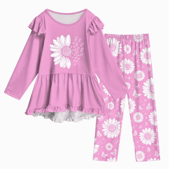 KPOPLK Toddler Girl Clothes 2-12Years Fall Outfits Girls 2Pcs Long Sleeve Ruffle Shirt and Loose Fit Pant Outwear,Size 5-6 Years
