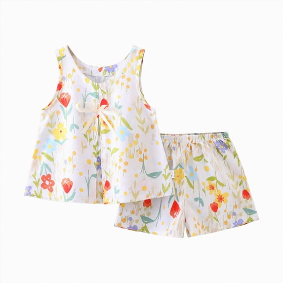 KPOPLK Toddler Girl Clothes Summer Kids Cute Sleeveless Tank Tops with Bow and Ruffled Shorts 2Pcs Outfits Set(12-18 Months,Yellow)