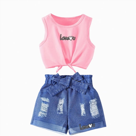 KPOPLK Toddler Girl Clothes Summer Outfits Kids Sleeveless Ruffled Vest Top Shirts Cute Bow Short Sets 2Pcs(7-8 Years,Pink)